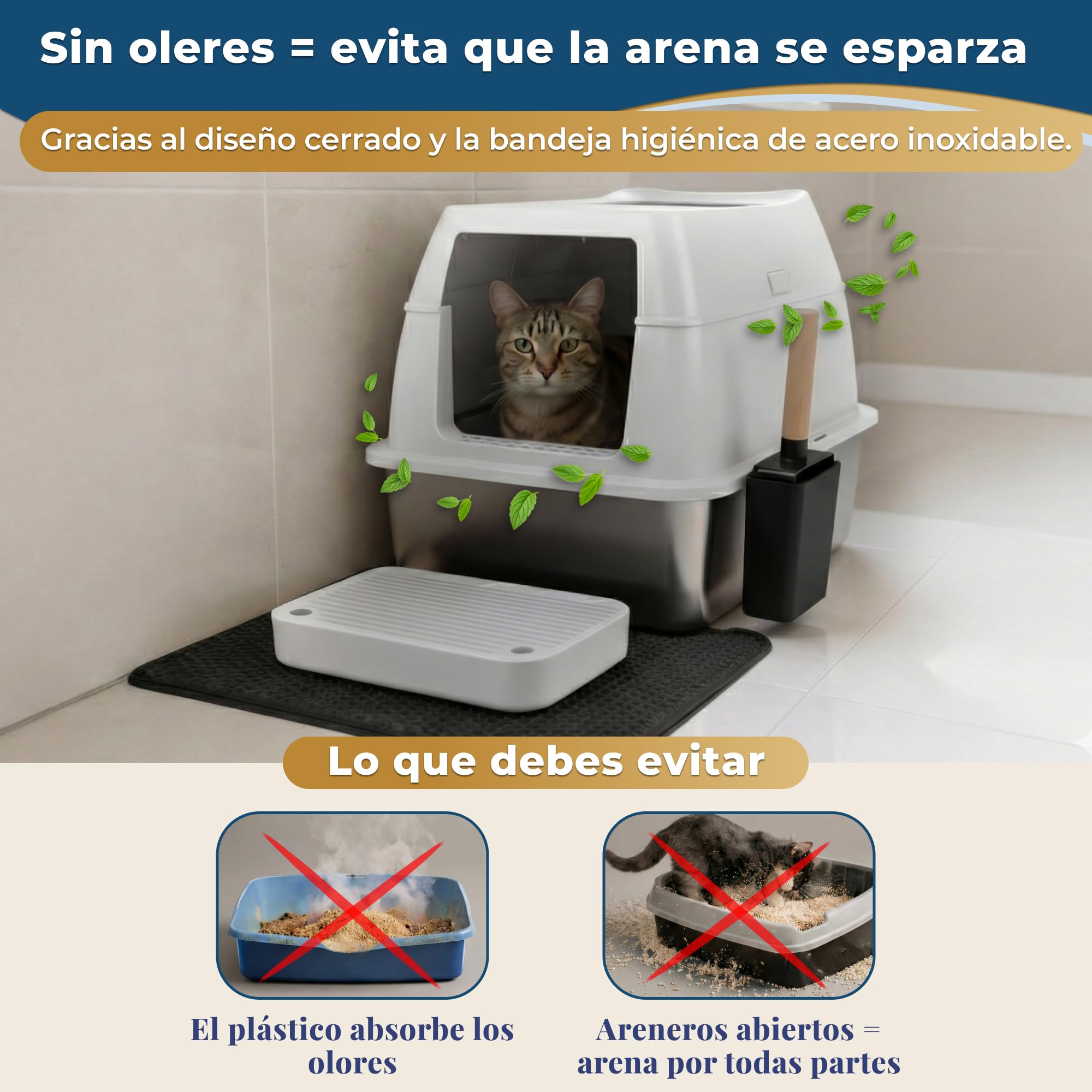 Arenero Gato Acero Inoxidable XXL – Arenero Acero Inoxidable Cerrado de Doble Entrada con escalón, Pala y Alfombrilla – Fácil de Limpiar, antiolores, Caja de Arena para Gatos Grandes - Beige