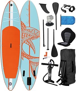 BRAST SUP Board Shark | Aufblasbares Stand up Paddle Set | 320x81x15cm | 8 Designs | 5 Jahre Garantie | inkl. Sonderzubehör | 2in1 Paddel Kajak-Sitz Action-Cam-Halterung Fußschlaufe Pumpe Rucksack