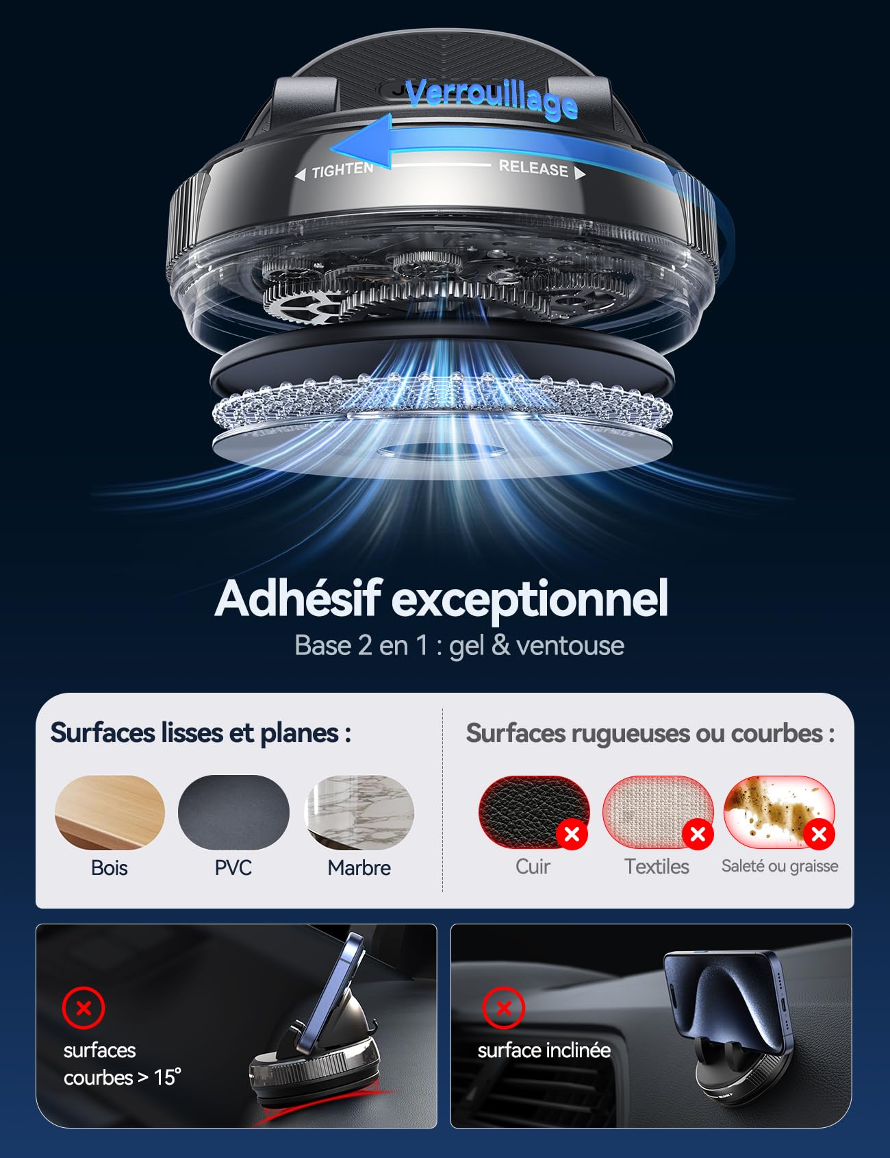 JOYROOM Support Téléphone Voiture Tableau de Bord [Gel & Ventouse] Porte Telephone Voiture Compatible avec Coques jusqu'à 19 mm, Car Phone Holder pour iPhone/Samsung/Google/Android Smartphones