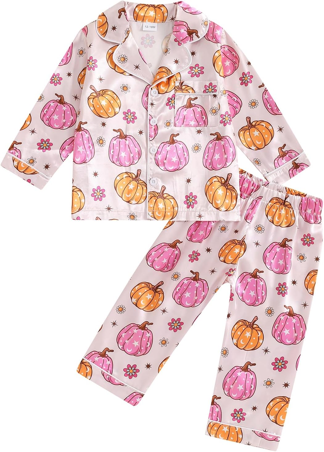 Toddler Girls Halloween Pajamas Cute Pumpkin Ghost Print Long Sleeve Shirt Elastic Pants 2 Piece Satin Pajama Set