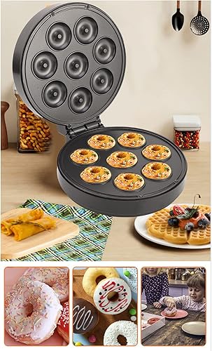 Miniatura 8 de Mini máquina para hacer donas, sartén eléctrica portátil antiadherente para hacer donas, hace 8 donas para el hogar, desayuno, aperitivos, pasteles,
