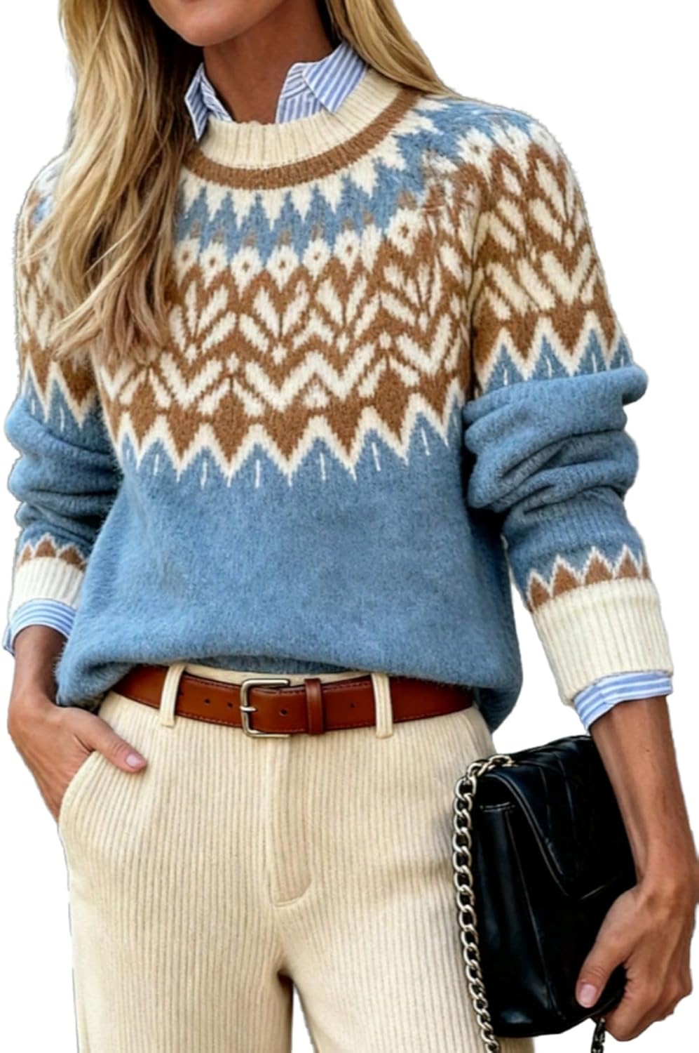 MakeMeChic Women's Chevron Crew Neck Sweater Long Sleeve Knitted Pullover Jumper Tops