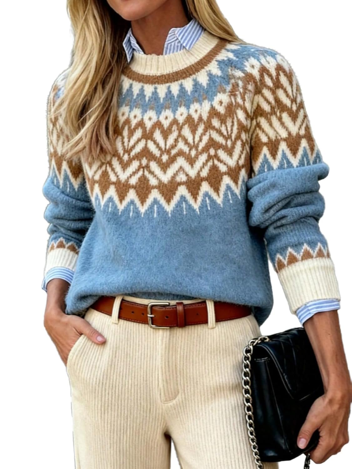 MakeMeChic Womens Chevron Crew Neck Sweater Long Sleeve Knitted Pullover Jumper Tops