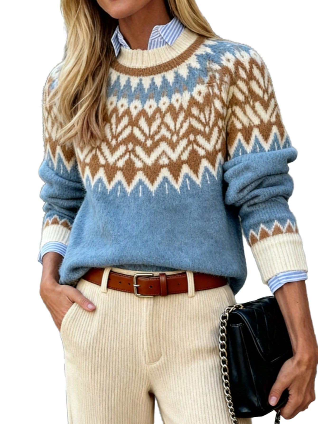 MakeMeChic Womens Chevron Crew Neck Sweater Long Sleeve Knitted Pullover Jumper Tops