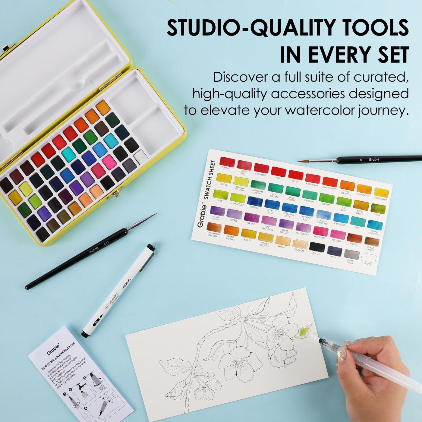 Grabie 50 Colors Premium All-In-One Water Color Paint Set - Detail Paint Brush Included, Watercolor Paints, Painting Sets, Art Supplies, Portable & Travel Watercolor Set, Amateur Hobbyists - Image 7