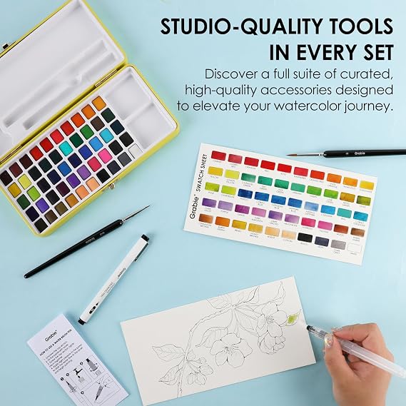 Grabie Set of 50 Color Premium Watercolor Paint Set with Detail Brushes | High Pigment Paints, Rich Color Mixing, Portable Travel Case, All-In-One Art Kit, Watercolor Painting