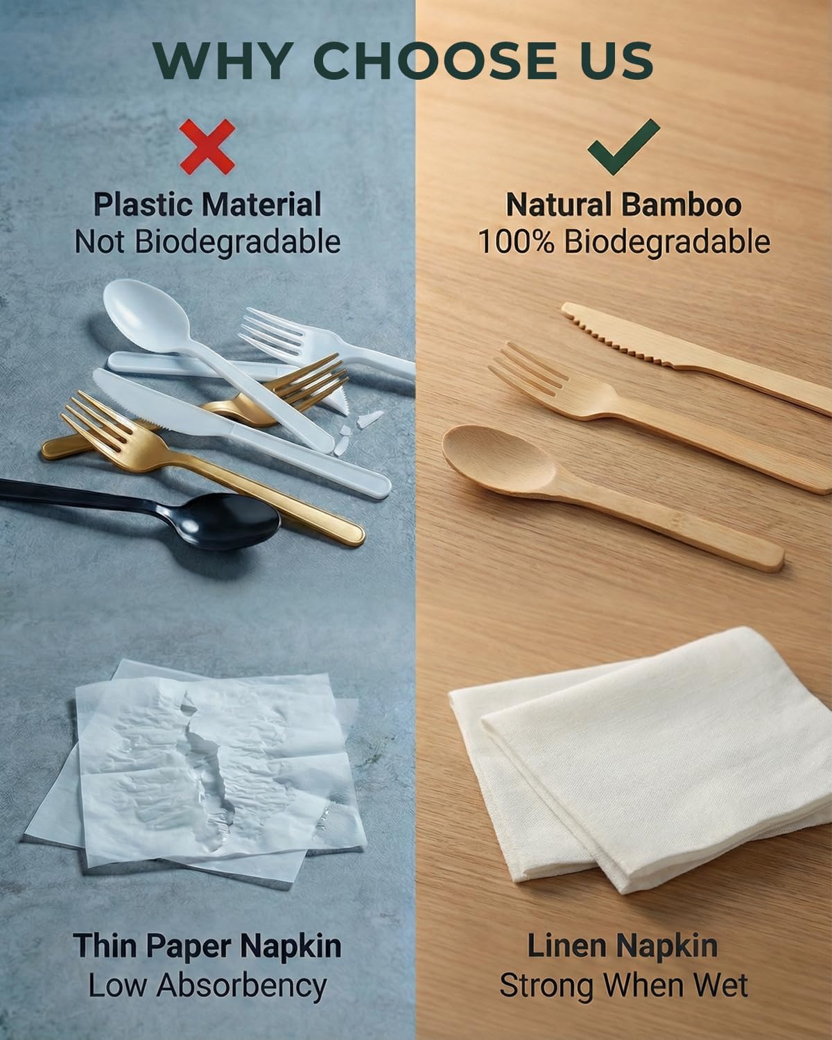 Pre Rolled Bamboo Silverware Set with Napkins - 100 Pack Bamboo Utensils image 3