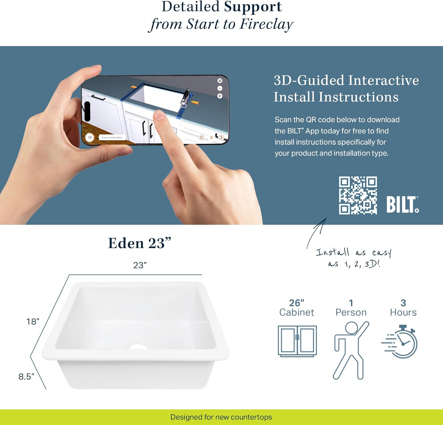 Sinkology Eden Fireclay Undermount Kitchen Sink, Undermount Installation, Surefire Finish (Crisp White, 23")