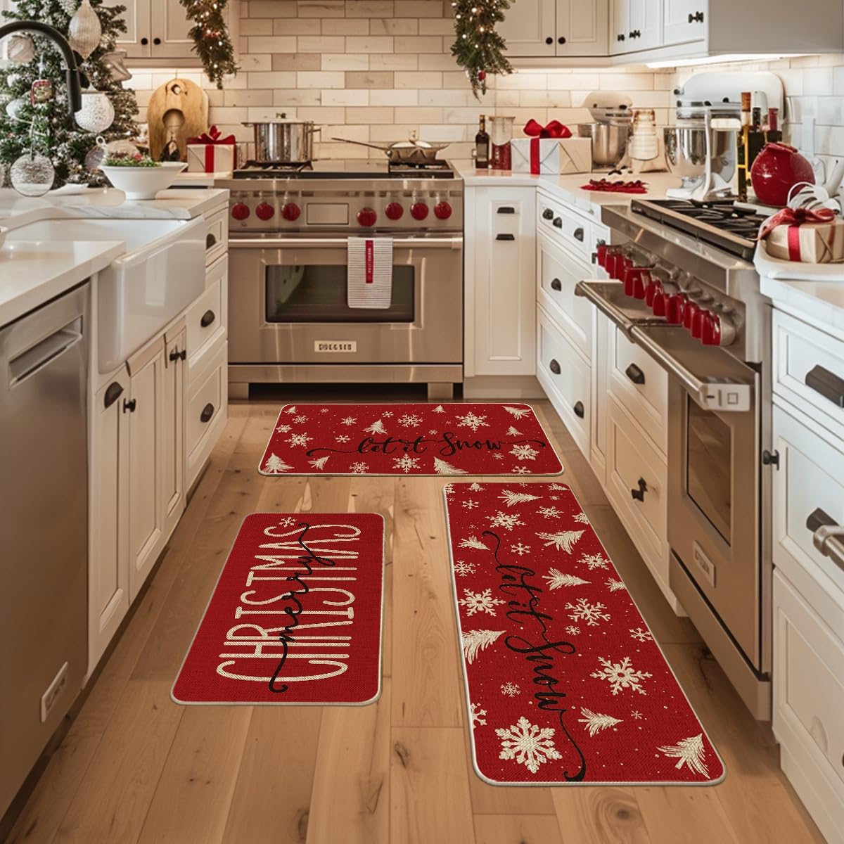 Artoid Mode Xmas Trees Snowflake Let It Snow Merry Christmas Kitchen Mats Set of 3, Winter Decor Low-Profile Kitchen Rugs - 17"x29"+17"x36"+17"x47"