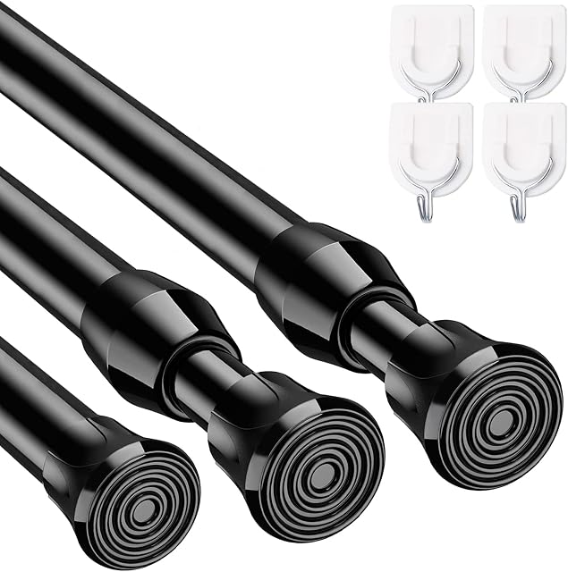 Bicolic 3PCS Extendable Net Curtain Rods, Spring Loaded Tension Rods for Curtains, Clothes, Cupboards, Bathroom, 32-50cm/12.6-19.6Inch, Black