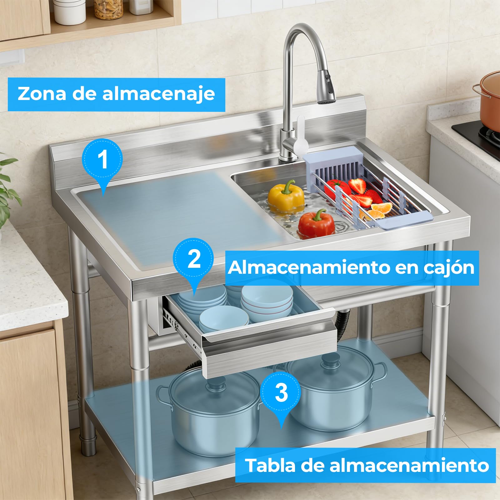 Lavello da cucina industriale con banco da lavoro e Der 100x55x80cm tavolo in acciaio inless con rubinetto a 360 ° lavaggio esterno t per giardino Hospitali Ga