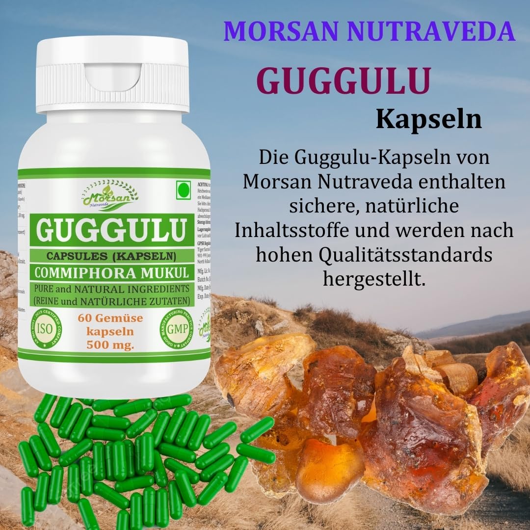 Guggulu (Commiphora mukul) Extrakt mit 10:1 Stärke, 500 mg x 60 vegane Kapseln | Ayurvedisches Kräuterergänzungsmittel für Männer und Frauen (2 Flaschen mit 60 Kapseln)