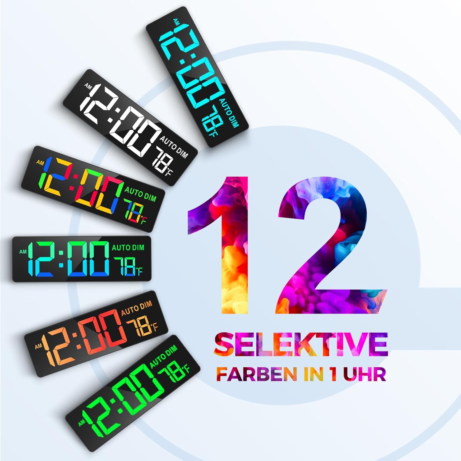 Keli views of the REACHER Digital LED Wall Clock displaying 12 different color options for the digits.