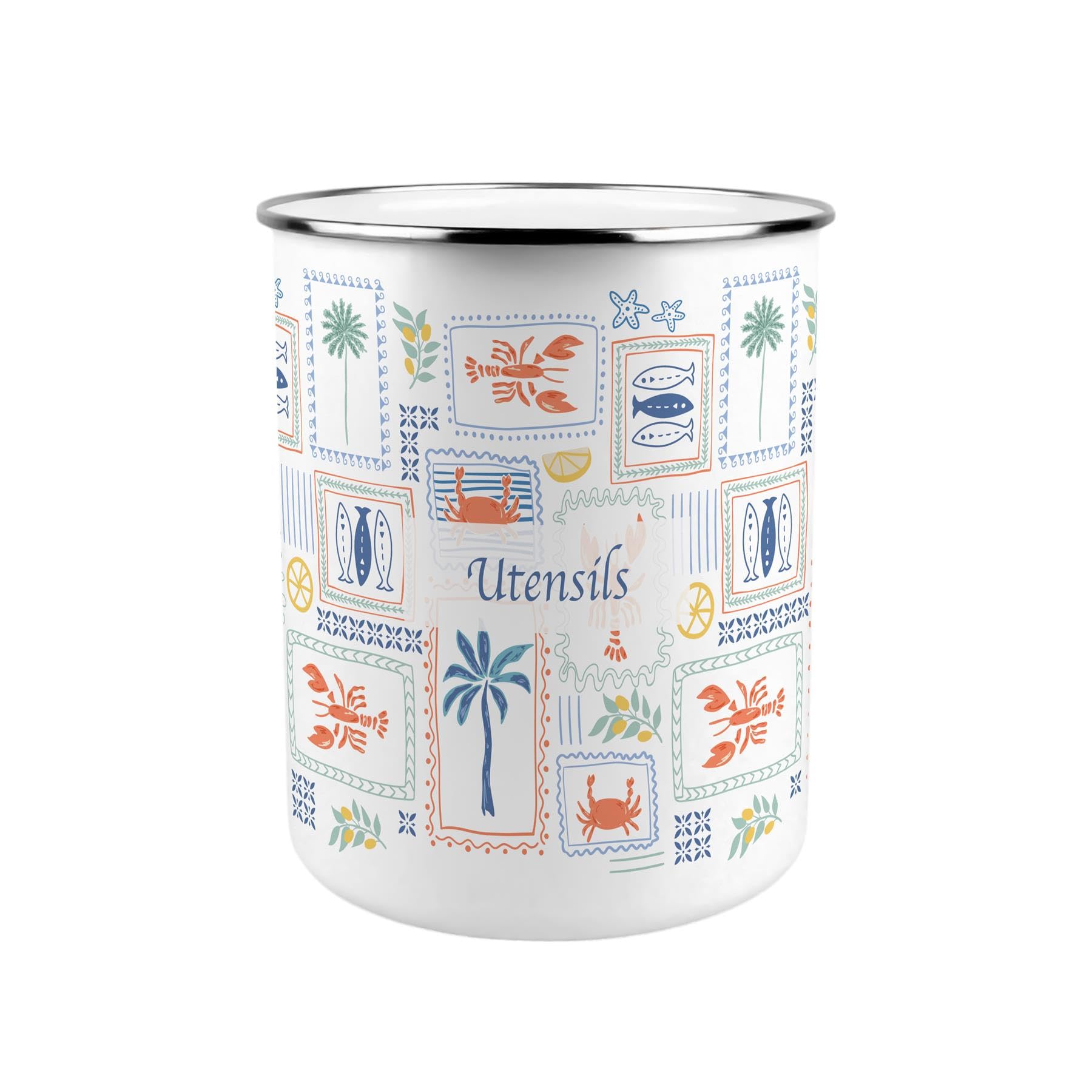 Purely Home Mediterranean Summer Metal Utensil Holder - XL Kitchen Utensil Pot/Organiser for Countertop Decor Gift 18x16.5cm