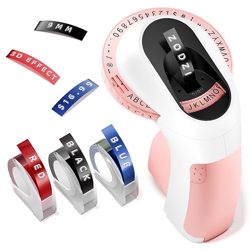 Zodzi Embossing Label Maker,Vintage Embossed Label Makers,Manual Retro Label Maker Machine for Home Office Scrapbook & Printmaking Supplies,Old School Embosser with 3 Rolls 3D Labeler Waterproof Tapes - Pink