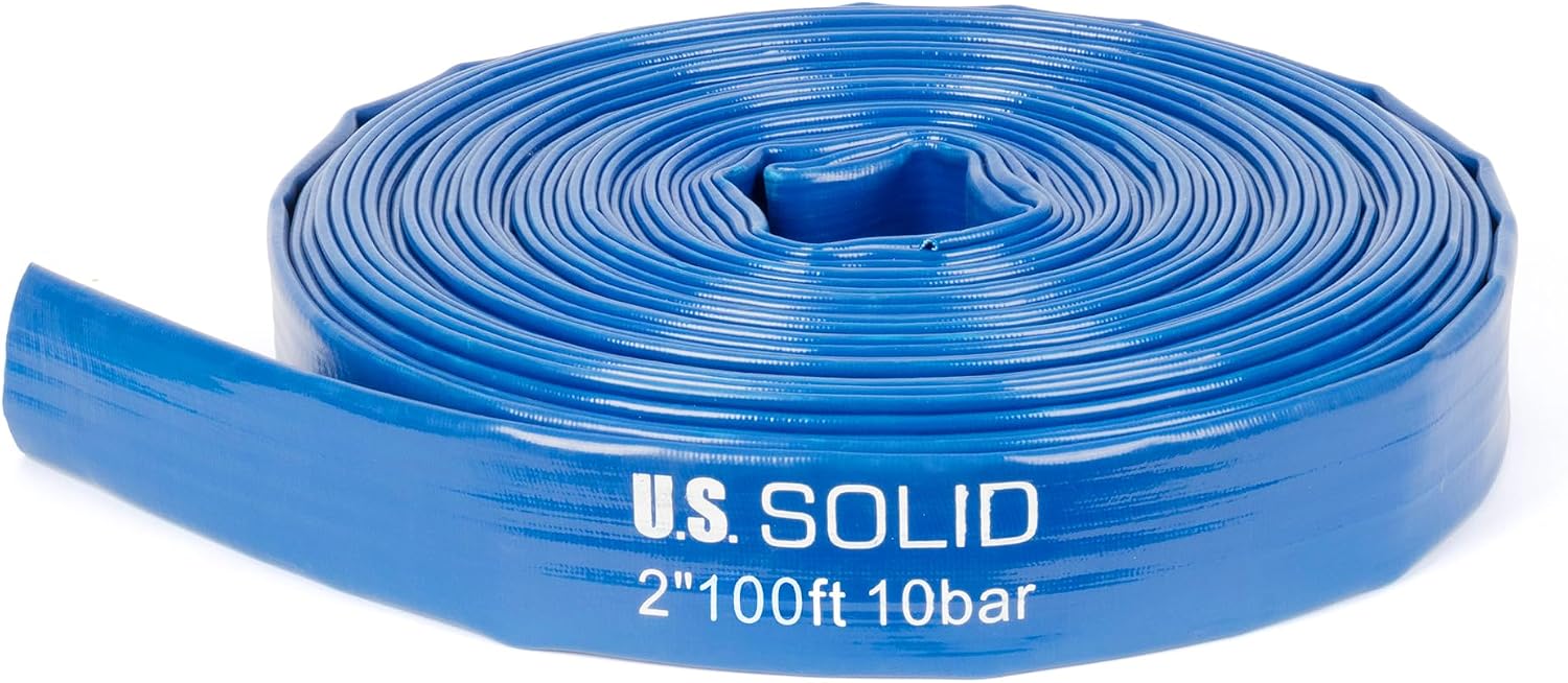 U.S. Solid 2 in x 100 ft PVC Lay Flat Hose, Reinforced Discharge and Drain Hose, 145 psi Working, 435 psi Burst, 2 mm Wall, 3-Ply Polyester, 4 Hose Clamps, for Construction and Gold Panning