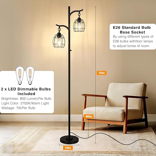 Miniatura 3 de Lámpara de pie 9MMML para sala de estar, lámpara de pie industrial de granja regulable con 2 jaulas colgantes en forma de lágrima, lámpara de árbol