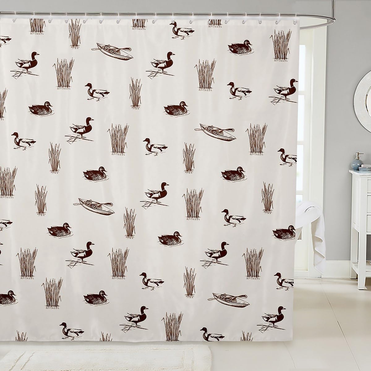 Hunting Duck Shower Curtain,Wild Animals Bathroom Curtain Wooden Boat Waterproof Curtain Kids Girls Teens Women Room Decor Rustic Natural Lake House Scenery Style Bath Curtain,12 Hooks,72" Wx84 L
