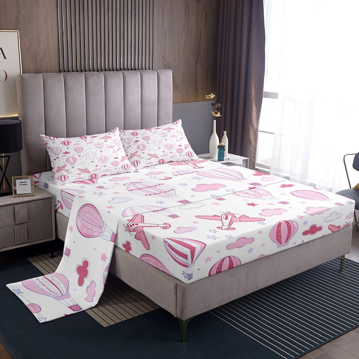 jejeloiu Cute Airplane Bed Sheets Sets Twin Size Kids Boys Girls Hot Air Balloon Bedding Set Kawaii Bed Sheet Set with 16-Inch Deep Pockets Cloud Pattern 3Pcs with 1 Pillow Cases White Pink