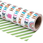 WRAPAHOLIC 30 Inch Reversible Birthday Wrapping Paper - 30 Inch x 33 Feet - Colorful Happy Birthday Lettering and Stripe Design for Holiday, Party, Baby Shower