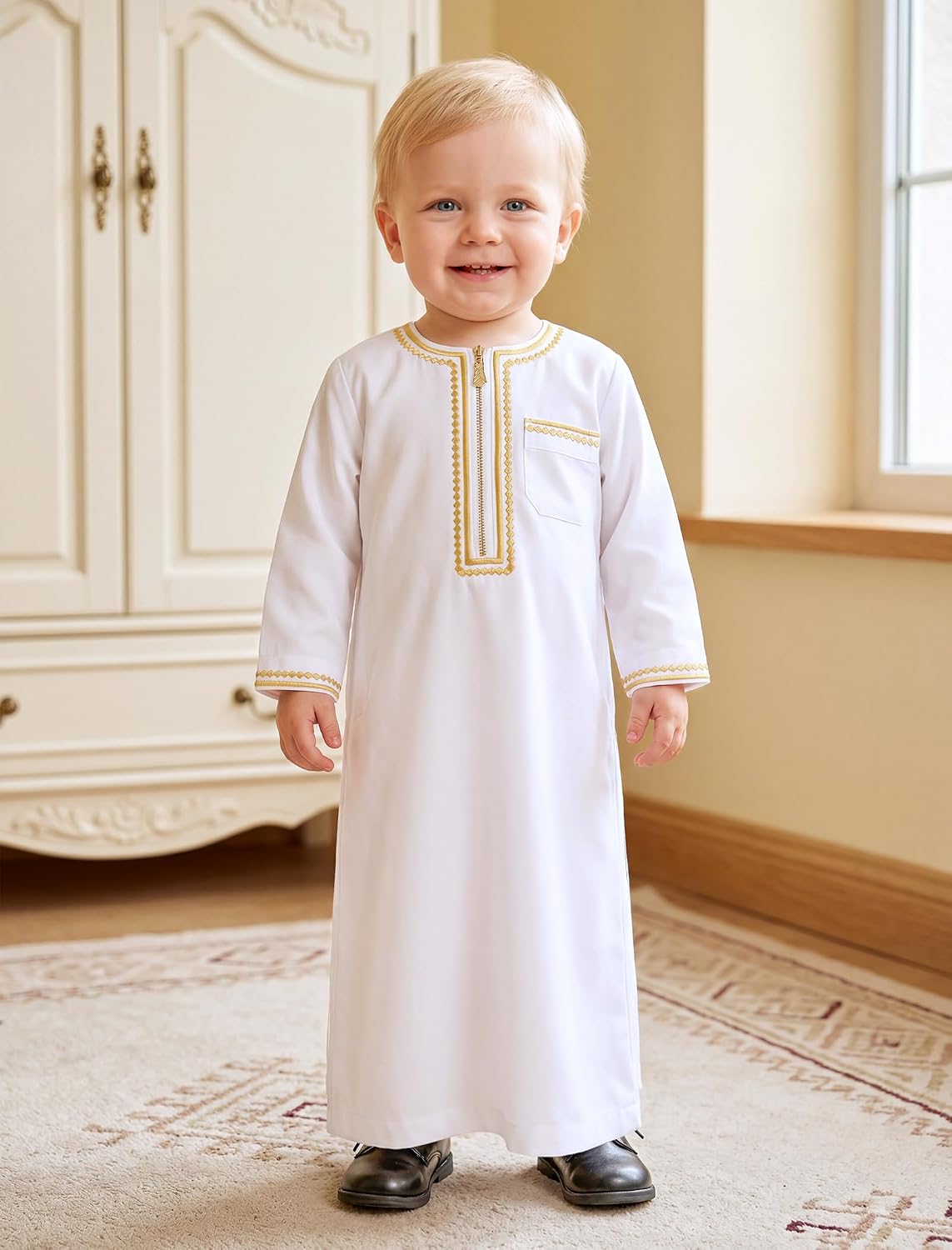 ODIZLI Baby Boys Muslim Thobe for Ramadan Eid Embroidery Robe Modest Style