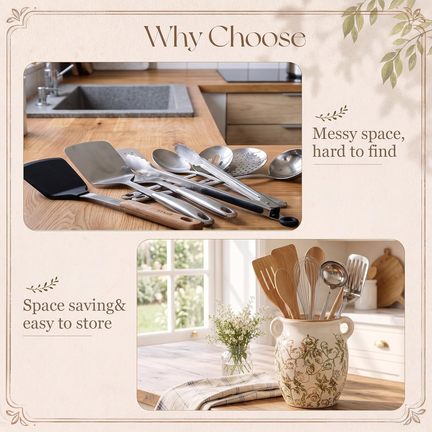 7.6" Ceramic Utensil Holder for Kitchen Counter, Cottage Style