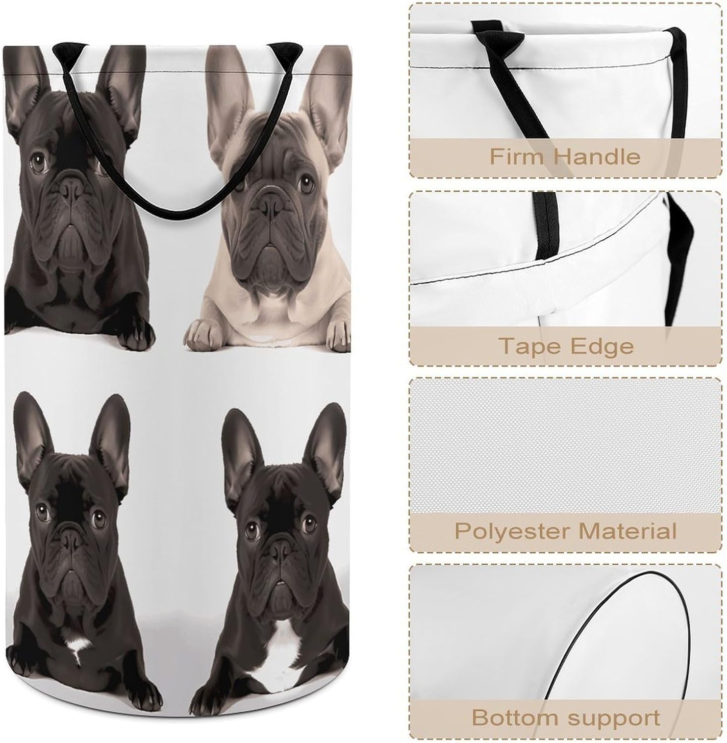 French Bulldog Laundry Hamper with Handles Waterproof Collapsible Laundry Basket Large Lightweight Round Dirty Clothes Hamper for Home Dorm Bathroom Decor