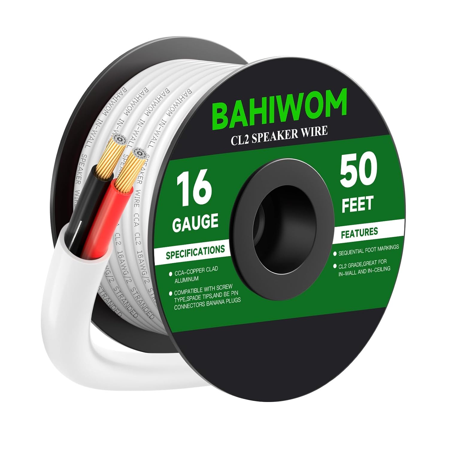 16 Gauge 50FT Speaker Wire CCA 2 Conductors Cord CL2 Rated Speaker Cable for Indoor,in-Wall,in-Ceiling,Home Theater & Commercial Audio with White PVC Jacket