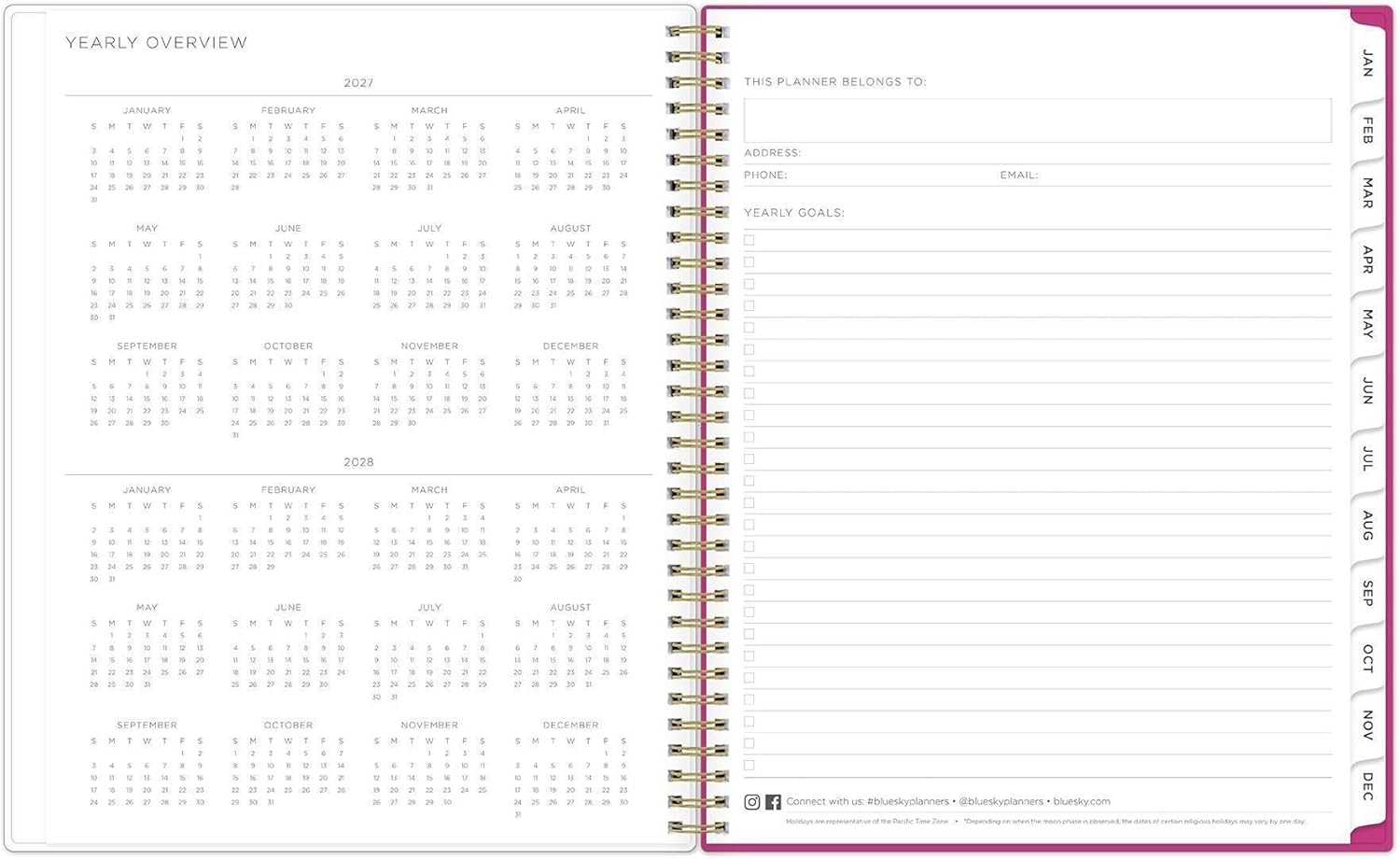 Blue Sky Kelly Ventura 2027 Weekly and Monthly Planner Calendar, January 2027 - December 2027, 8.5" x 11", Flexible Cover, Laminated Tabs, Durable Twin Wire Binding, Storage Pocket, Includes Sticker Sheet, Magenta Blooms