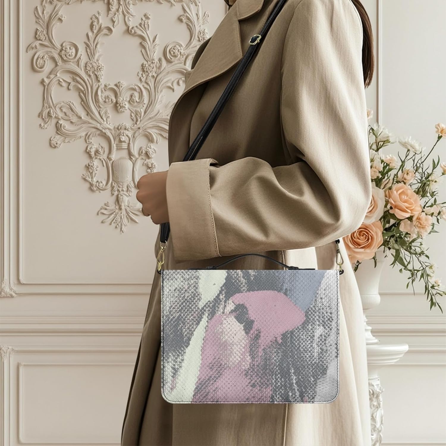 Customized Bible Cases Removable Shoulder-Strap Personalized Bible Covers for Women Men Customize PU Leather Bible Protective Bags with Handle Add Picture/Image/Logo/Text, Grey, XL
