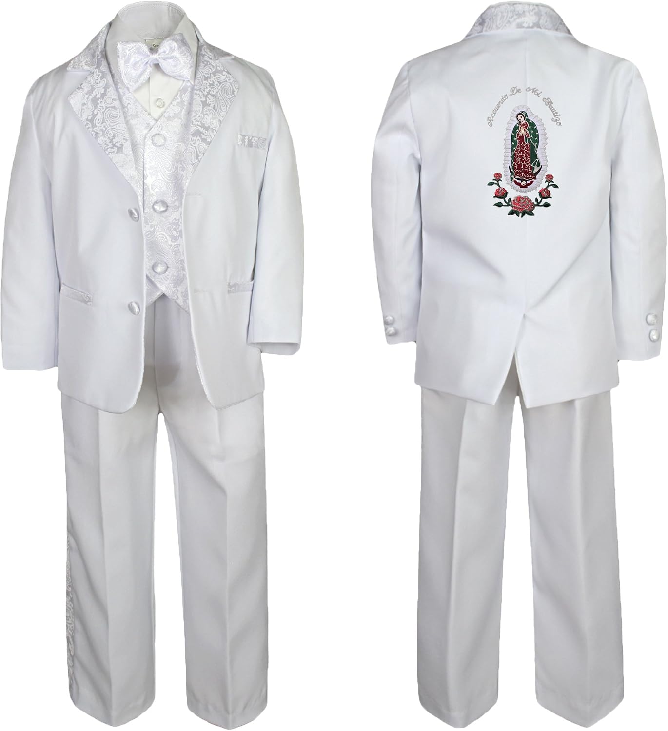 Baby Boy Teen Baptism Formal White Paisley Suit Silver Guadalupe on Back SM-20