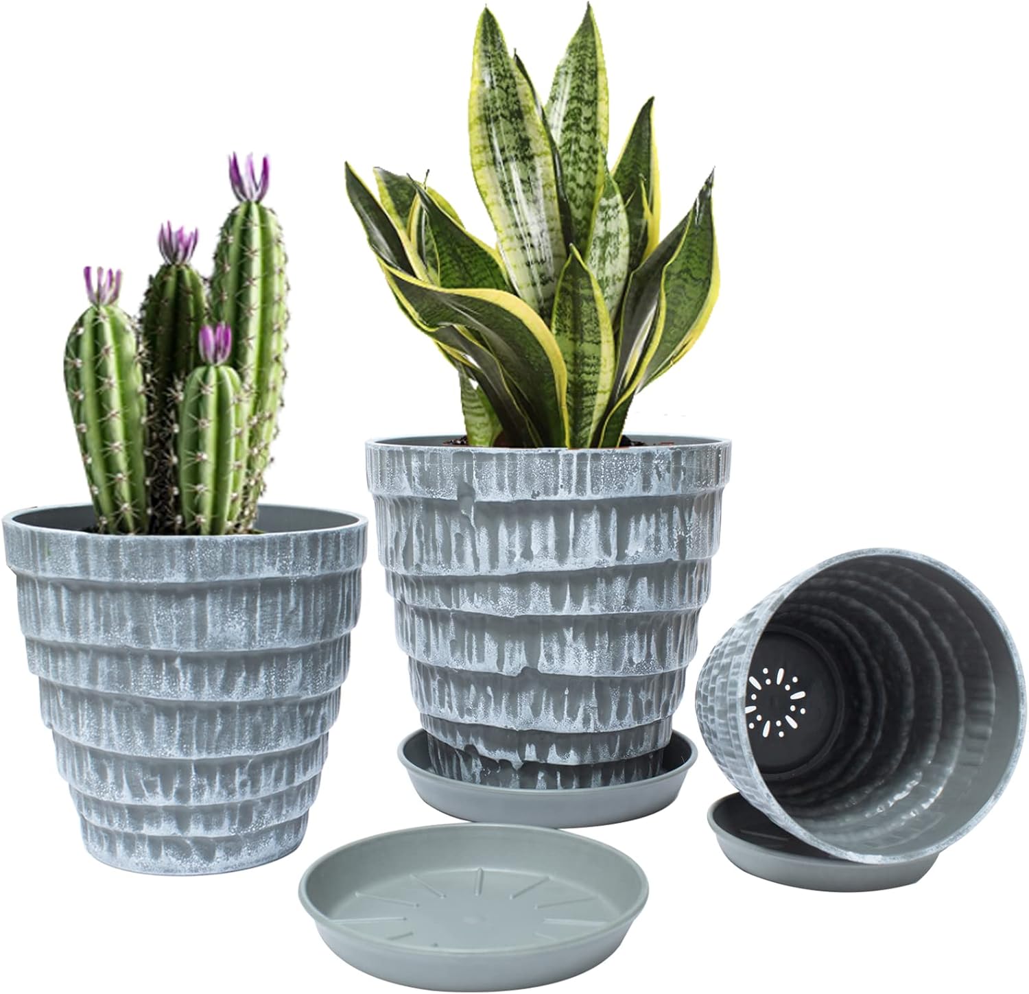 Plant Pots, 7.5/6.5/5.5 Inch Set of 3 Planters Flower Pots with Drainage Hole and Tray, Macetas Para Plantas Plastic Pots for Indoor Outdoor Plants : Patio, Lawn & Garden