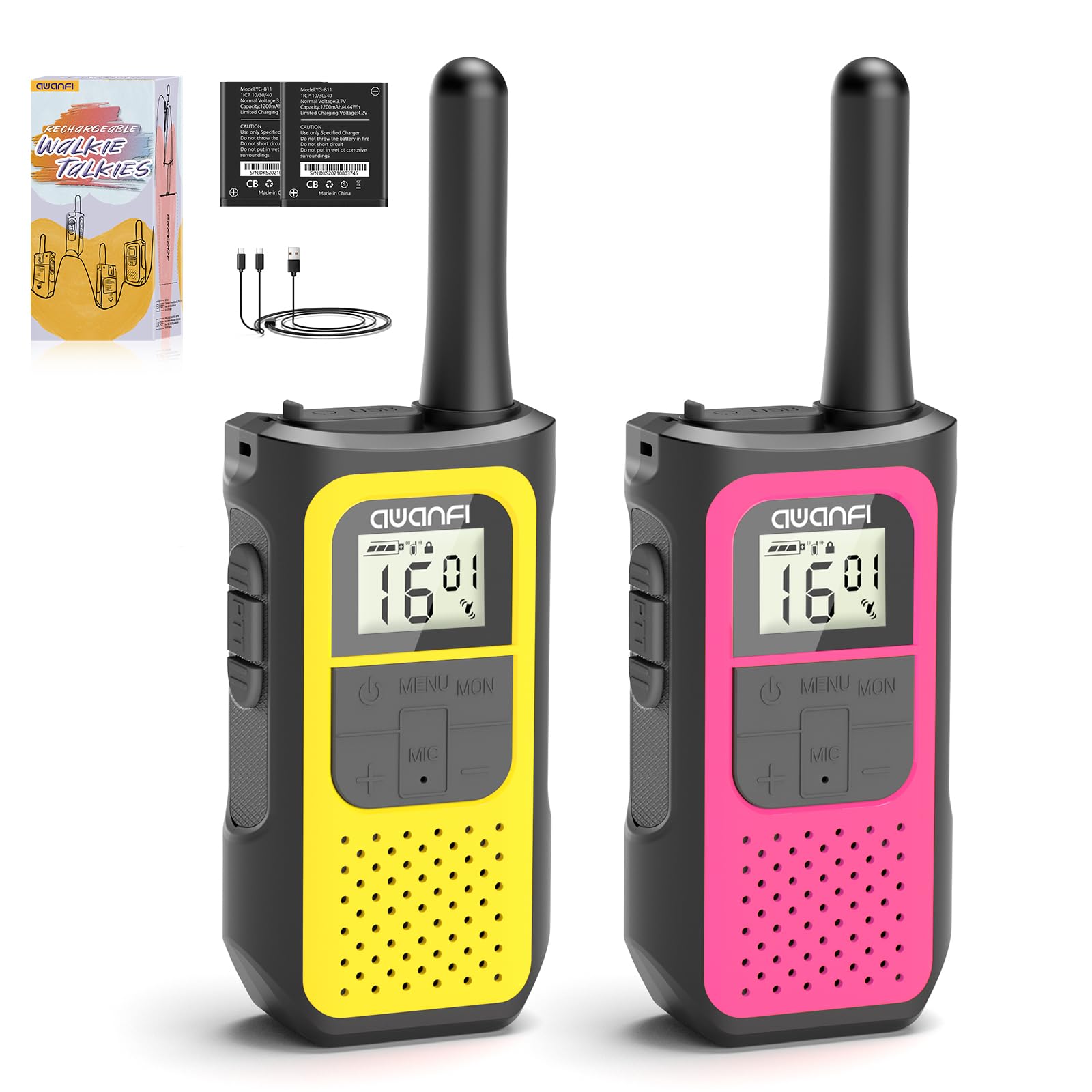 Walkie-Talkie Ricaricabili, Walkie Talkie per Bambini Adulti, con 1200mAh Batteria al Litio, Ricetrasmittenti 16 Canali VOX a Lungo Raggio, Walki Talki per Regalo, Campeggio, Escursioni