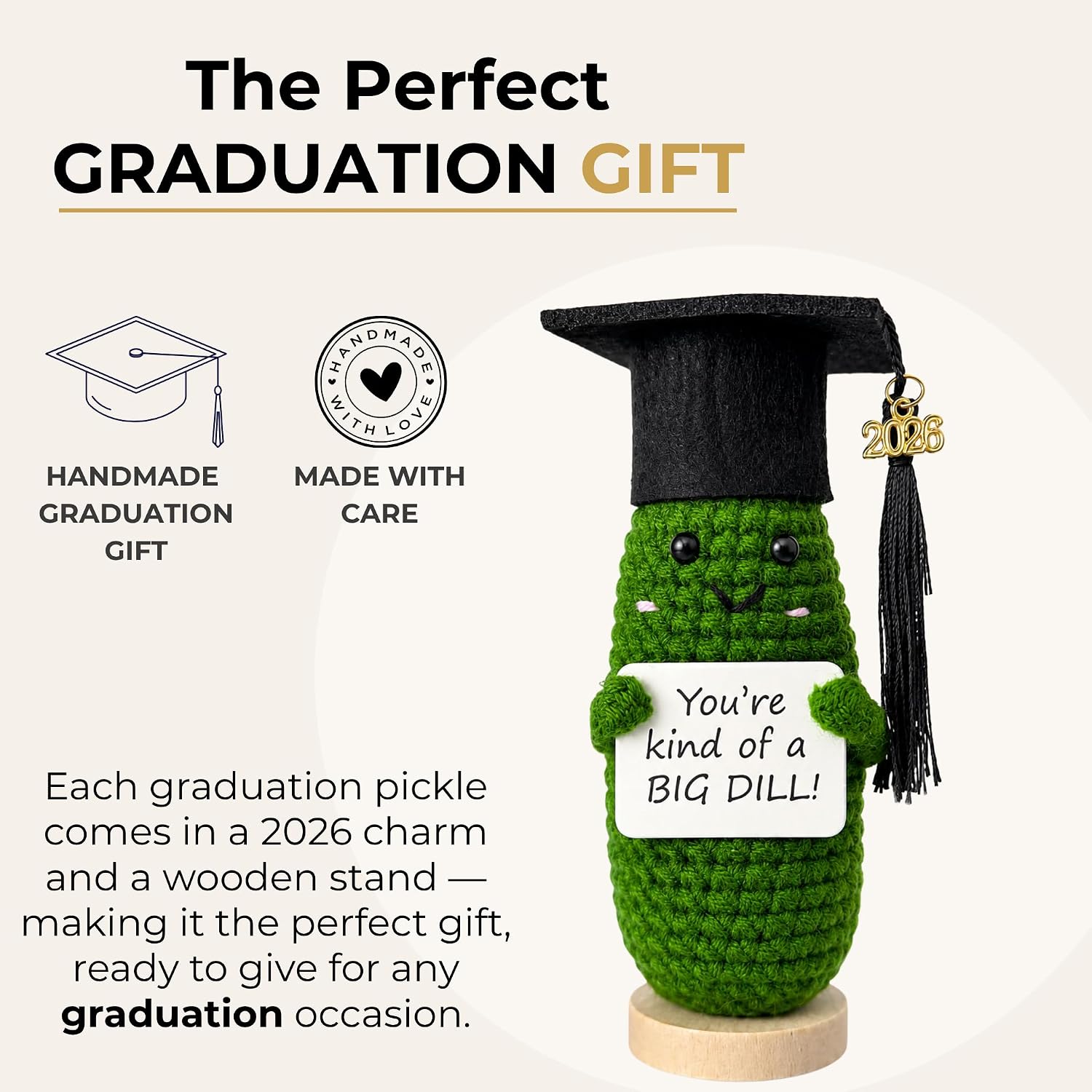Graduation Gifts 2026 for Her & Him, Funny Handmade Crochet Graduation Pickle with Cap, 2026 Charm & Wooden Stand, Cute Class of 2026 Senior Gift for High School College Grad, Big Dill Congrats Gift