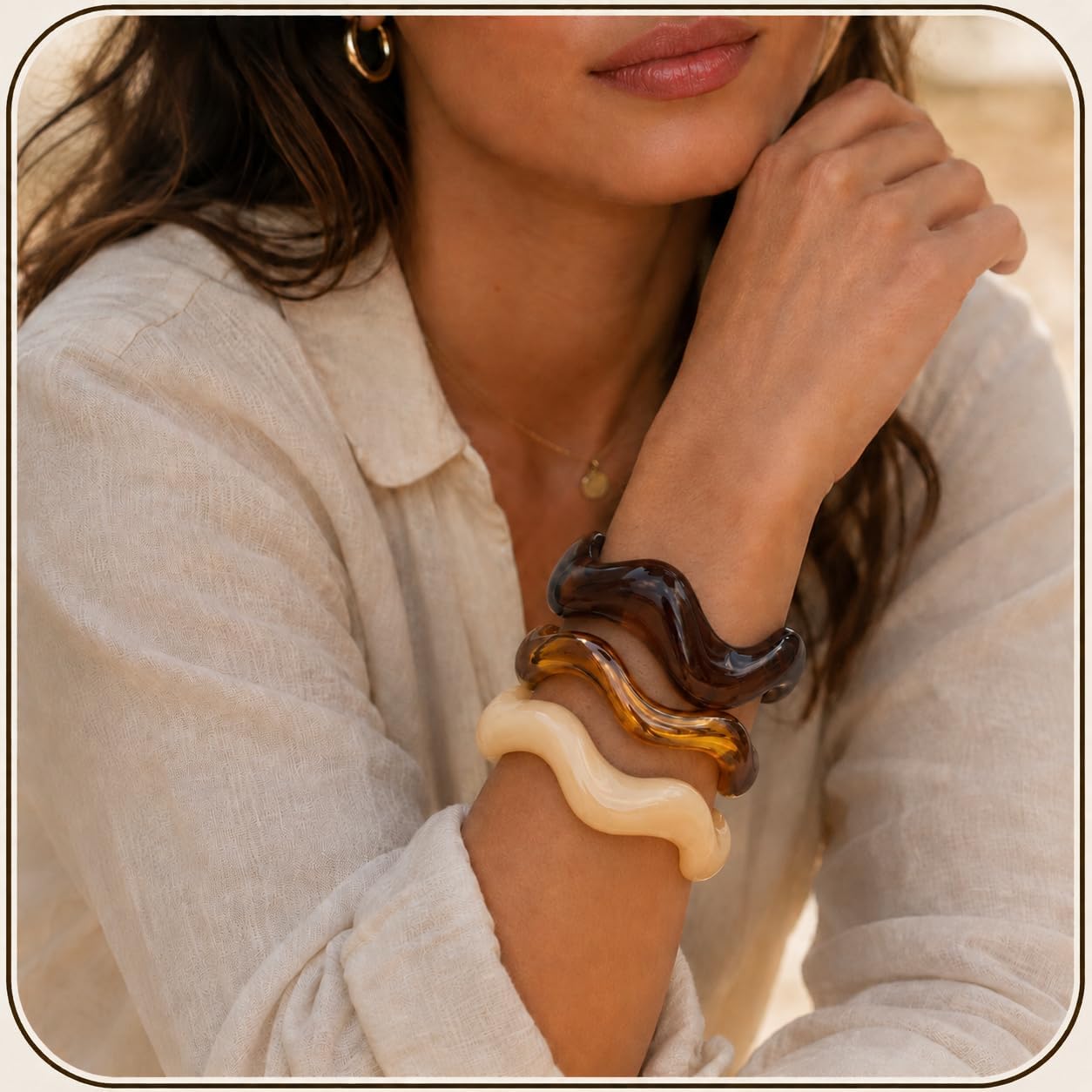 72ore Brown Acrylic Bangles Chunky Jewelry Gold Wave Stack Set for Women image 3