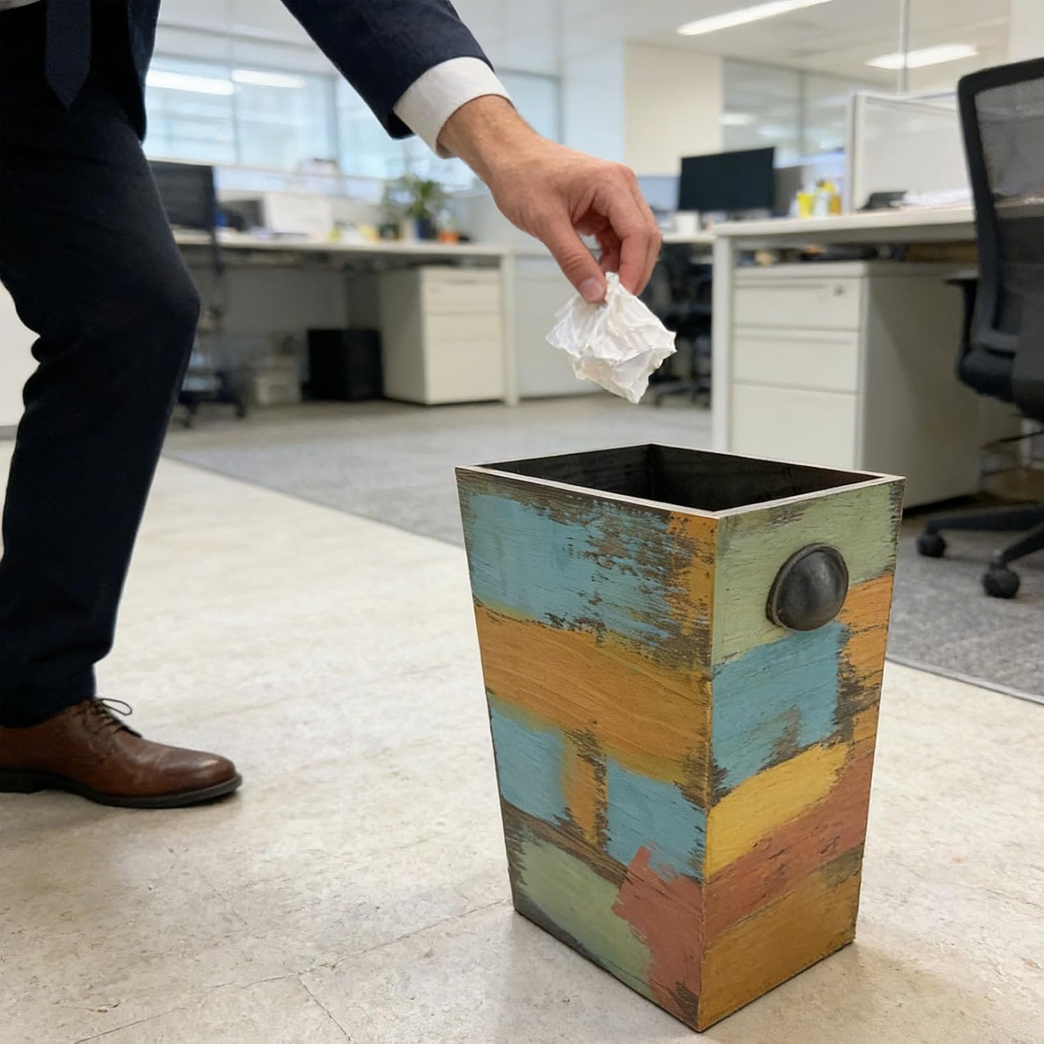 2 Pack Wood Trash Can, 1.5/2.5 Gallon Vintage Garbage Can, Multi-Color Rectangular Waste Basket with Rustic Metal Handle, Small Wooden Wastebasket Holder for Farmhouse, Office Bedroom Kitchen