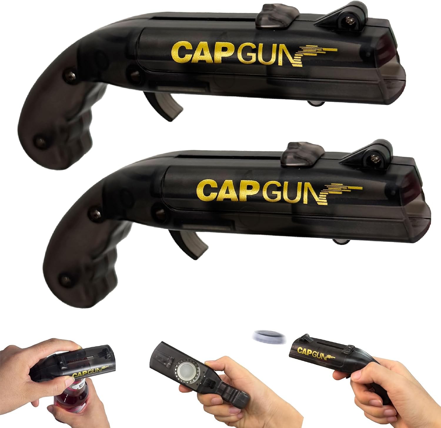 Clear Frosted Bottle Cap Shooter Gun – Fun Bottle Opener Tool that Launches Caps for Parties, BBQs, and Bar Games (2PC Black)