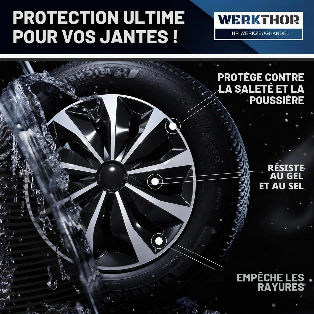 WERKTHOR Lot de 4 enjoliveurs de qualité supérieure - 17" - Noir/argenté