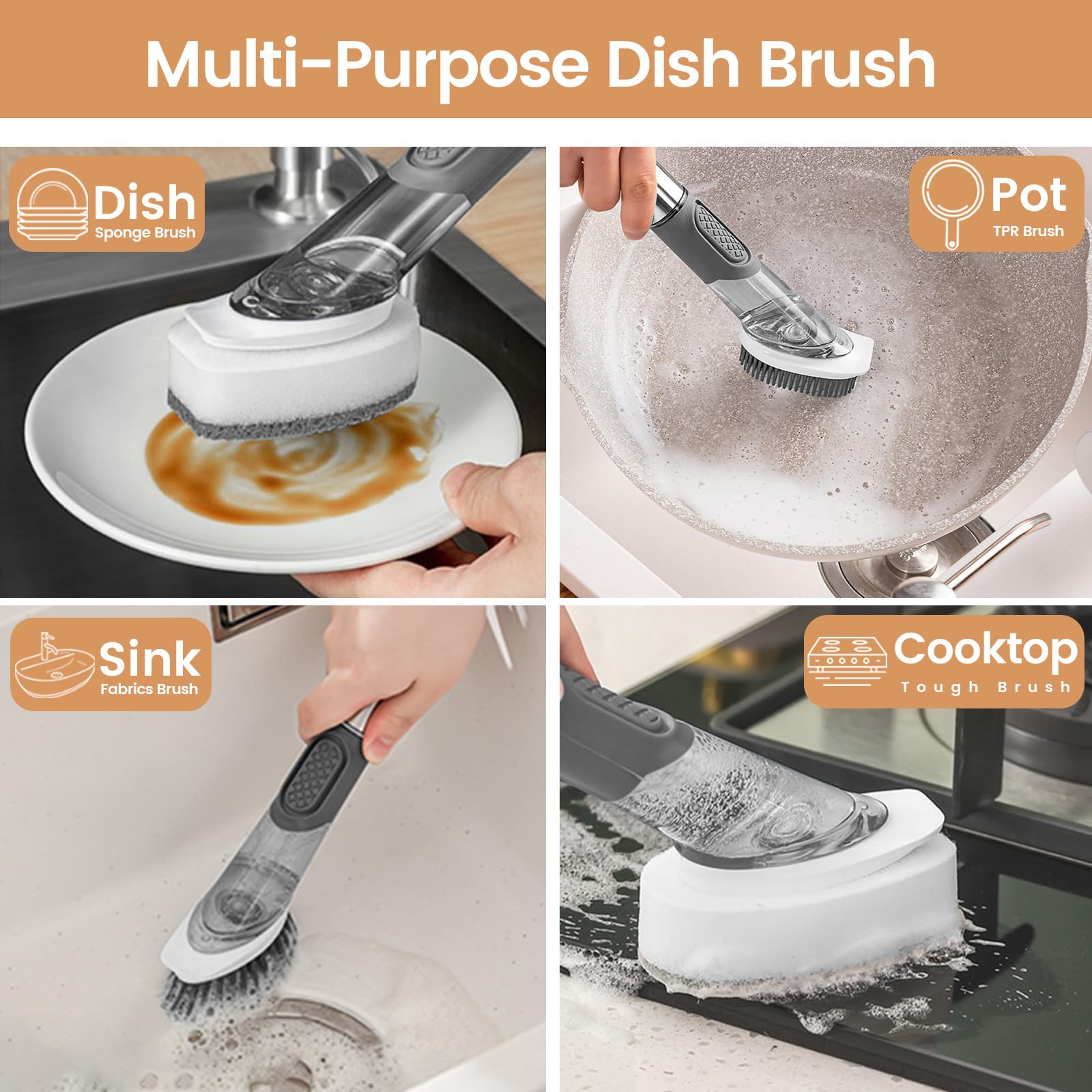 Brosse à Vaisselle Avec Distributeur De Liquide - 4 Têtes Interchangeables, Manche Ergonomique, Nettoyage Multi-Surfaces