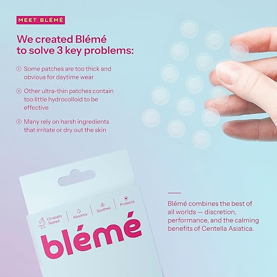 Blémé Pimple Patches - Pack of 30, Clear Invisible Ultra-Thin Hydrocolloid Dots, Acne Spot Treatment - Face Korean Skincare - Suitable for All Skin Types - Vegan & Cruelty-Free