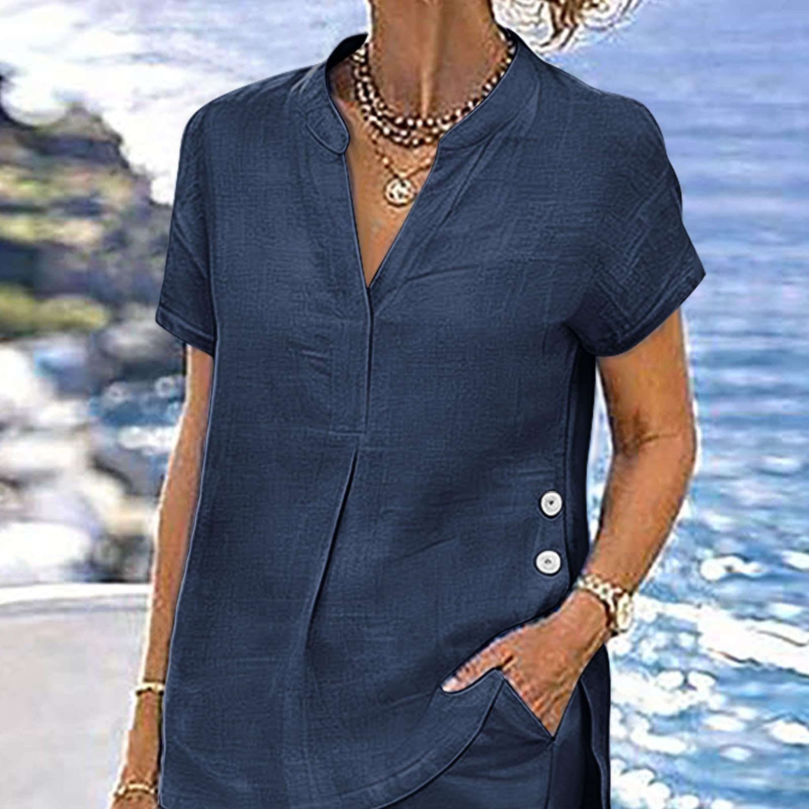 Damen Leinen Hosenanzug Sommer Atmungsaktive Leinen Bluse und Lange Weite Hose, Linen Set Hausanzug Kuschelig 2 Teiler Einfarbig Sport Outfit Lounge Set Hosenanzug Elegant 2 Teilig Große Größen