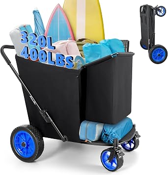 KEDSUM 11.3 Cu.Ft. 400LBS Upgrade Huge Beach Wagon with Big Wheels for Sand, 12" All-Terrain Rubber Wheels Beach Cart, Collapsible Wagon for Sand for Camping, Outdoor, Shopping, One-Click Foldable