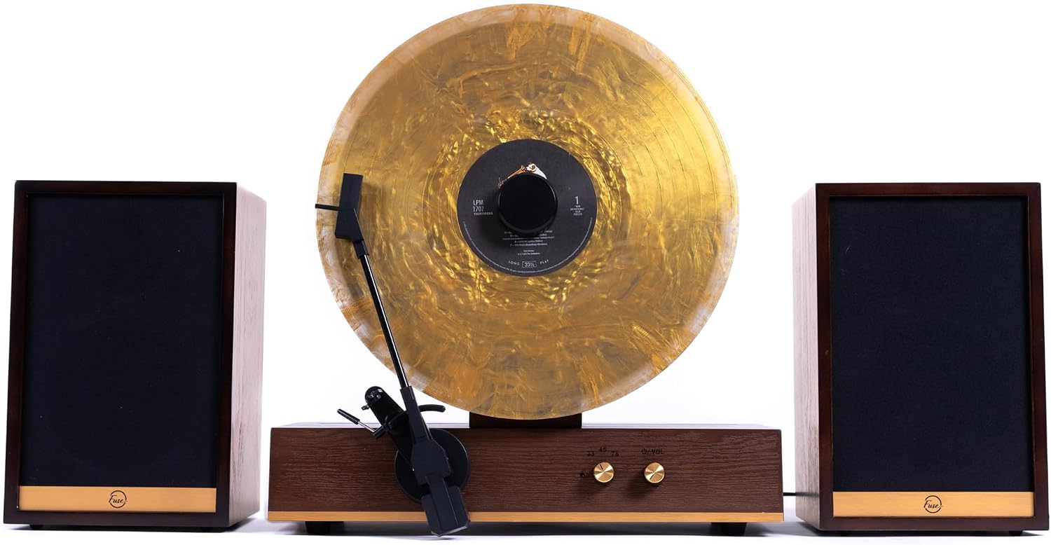 Vertical Vinyl Record Player with Walnut Wood Base and Speakers