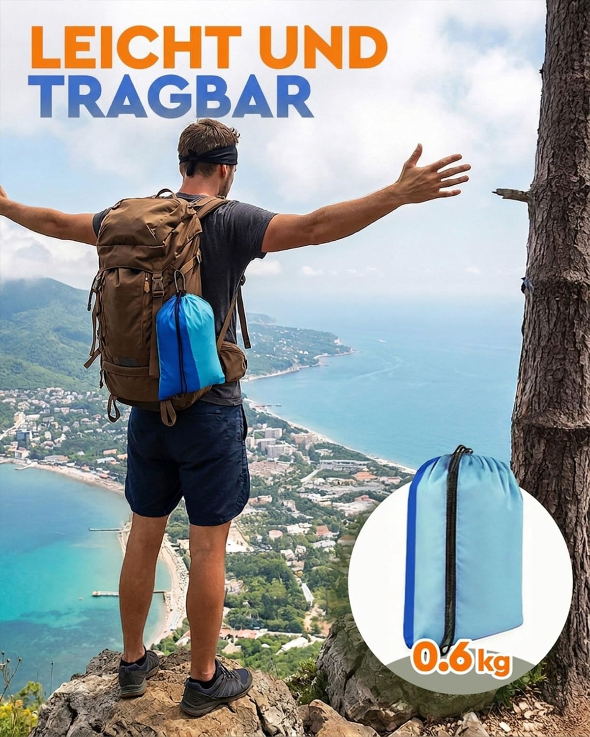 Camping Hängematte Outdoor, Ultraleichte Tragbare Hängematten mit Karabinern und Baumgurten, Campingausrüstung für Kinder, Nylon Reisebaum Hängematten für Garten Wandern Draußen, 270 x 140 cm(Blau)