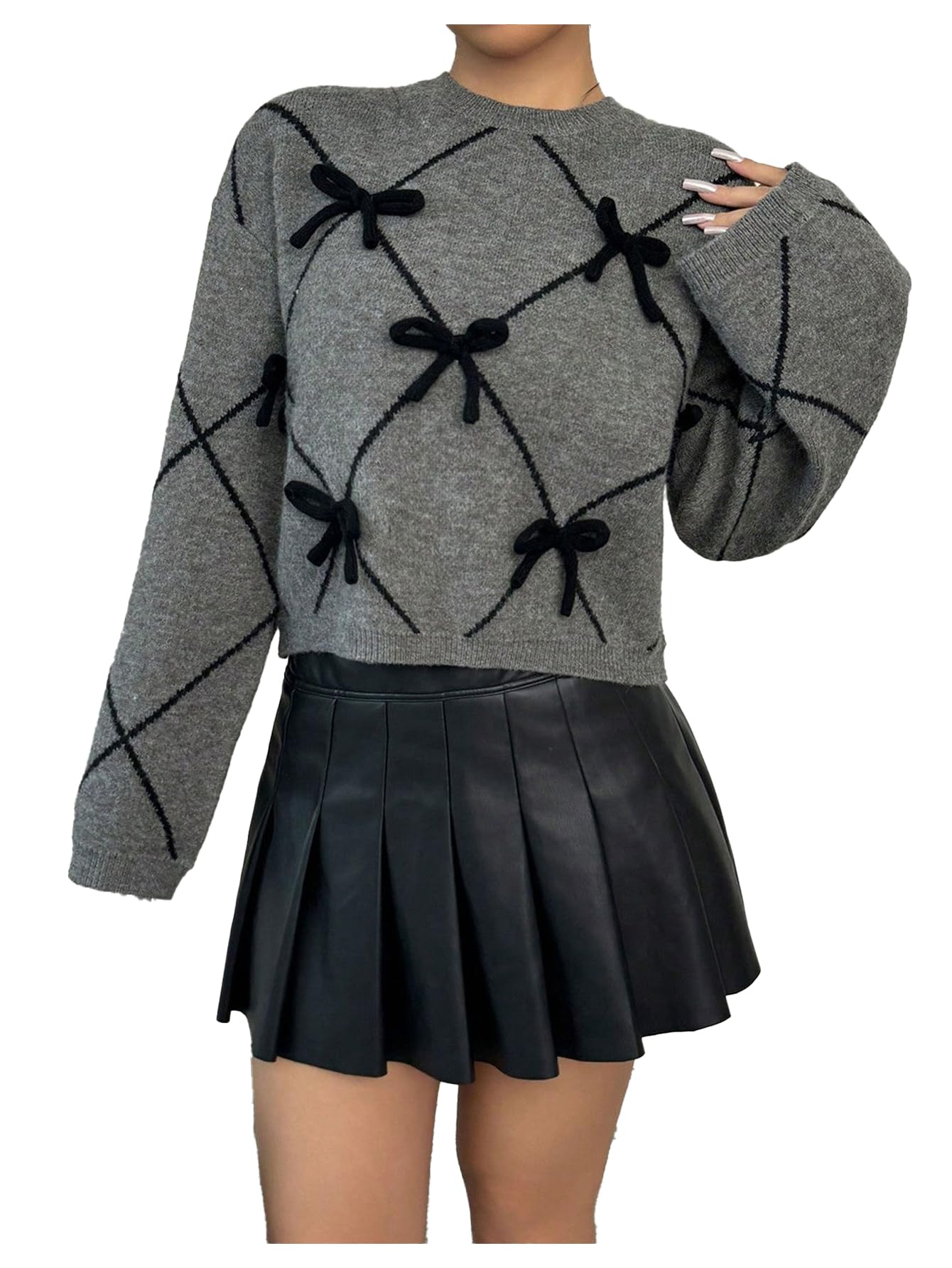 Verdusa Womens Bow Sweaters Long Sleeve Mock Neck Pullover Vintage Y2k Cropped Knit Tops