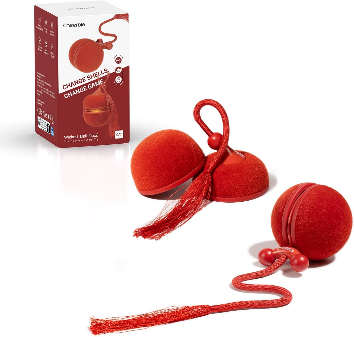 Cheerble 2 in 1 Interactive Cat Toys for Indoor Cats – Wicked Ball Duo2 Automatic Cat Toy, Dual Interchangeable Shells, Electric Cat Toy Ball with Chirping Sounds, Rechargeable Moving Kitten Toys, Red
