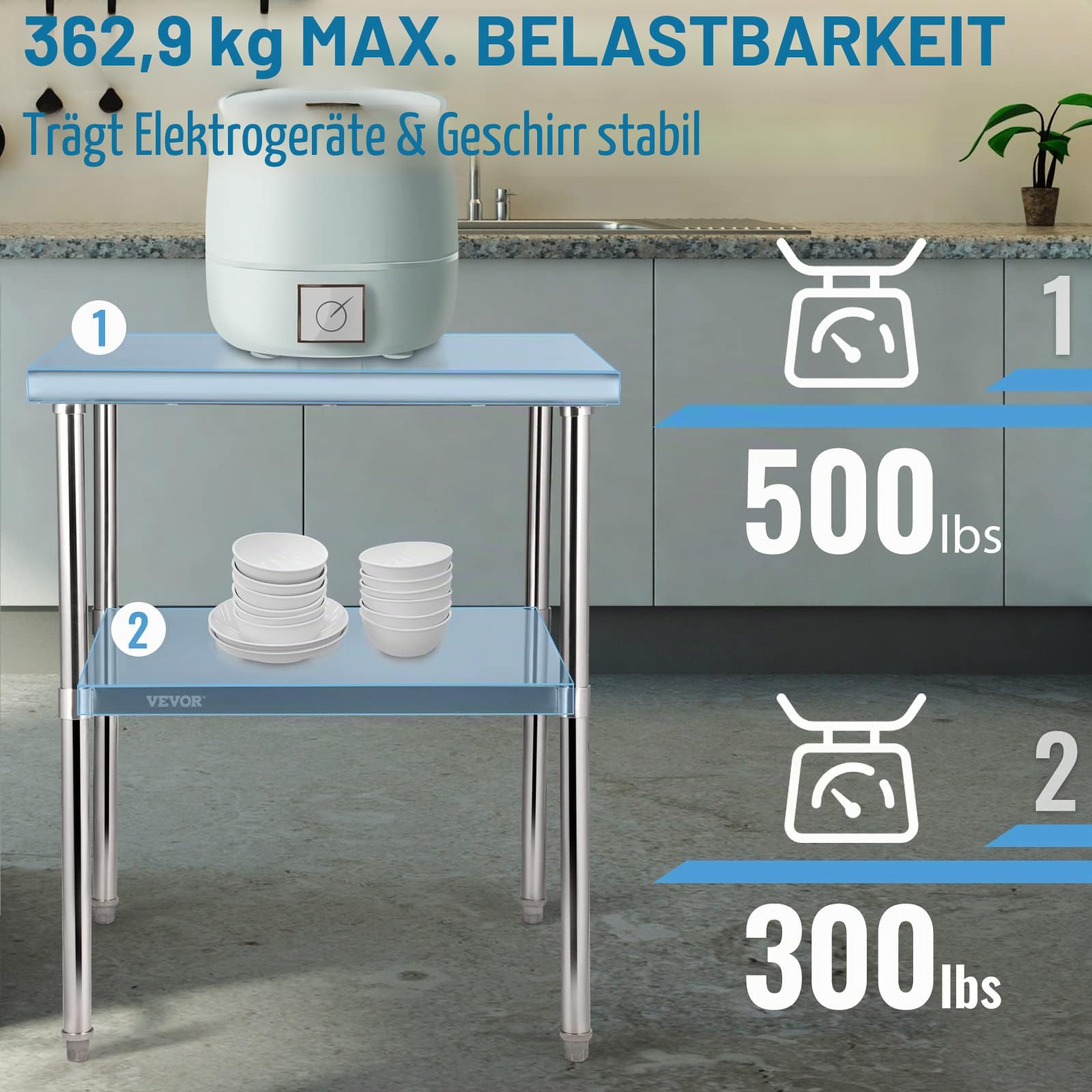 VEVOR Kommerzieller Edelstahltisch 76,2 x 76,2 x 91,4 cm, Edelstahl Zweilagiger Arbeitstisch Zerlegetisch Gastro 226 kg + 136 kg Tragfähigkeit, Gewerbe Küchentisch, Zubereitungstisch Küchenmöbel