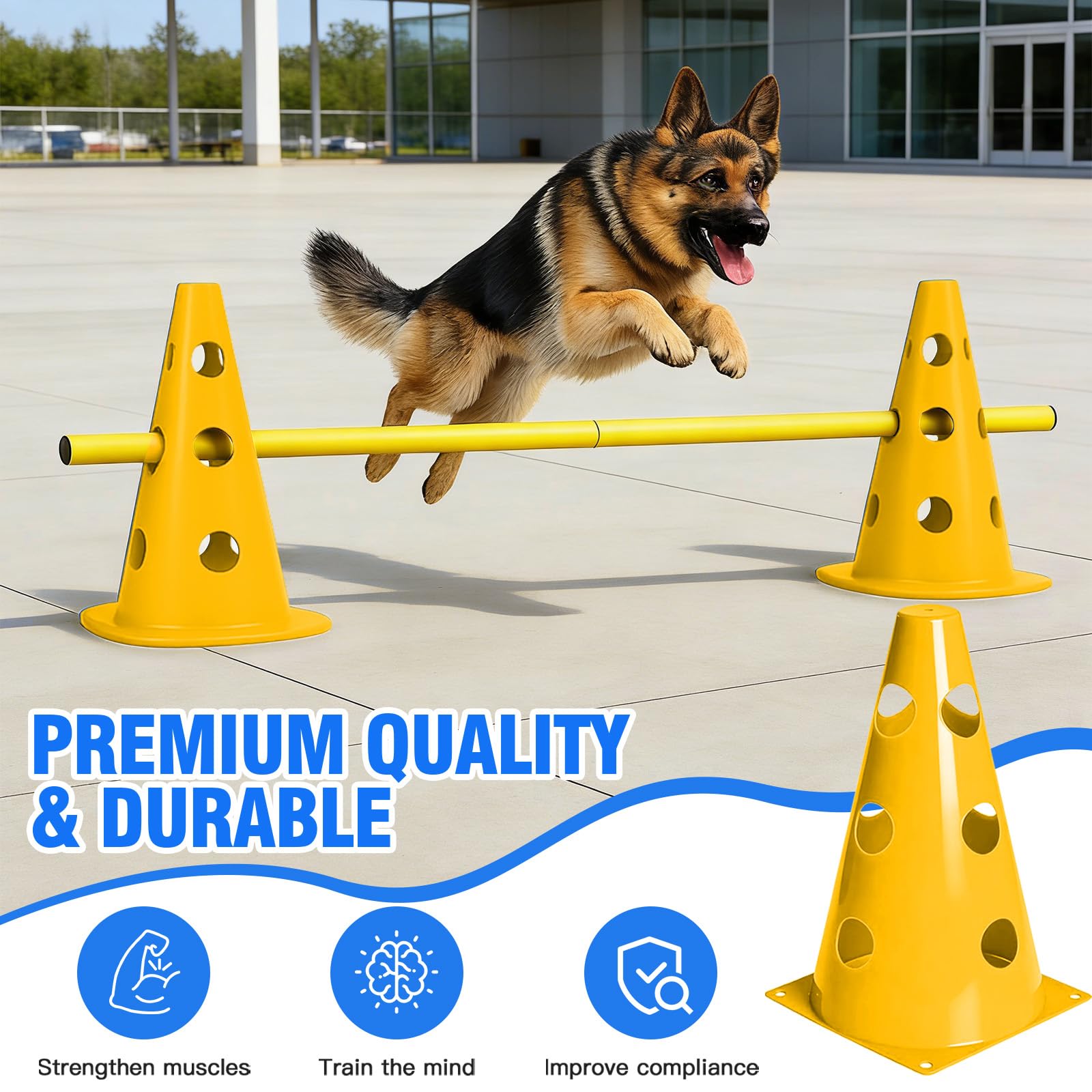 Agility Set Hunde – 10 Kegel + 5 Stangen, 23 cm Höhe, Cavaletti Hund für Koordinationstraining, Hunde Agility Set vielseitig einsetzbar, auch für Hobby Horse Parcours
