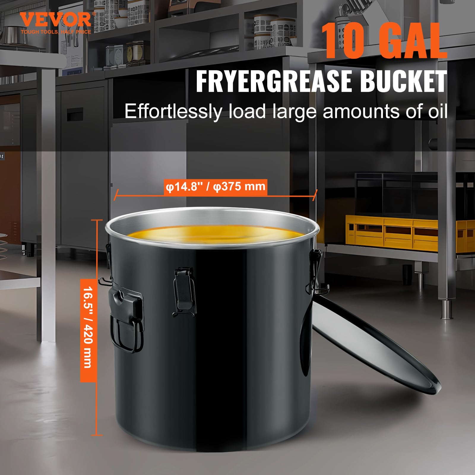 VEVOR Secchio per Grasso per Friggitrice, Contenitore per Smaltimento Olio da 10 Gal Acciaio Inox, Contenitore per Trasporto Olio con Coperchio, Clip di Chiusura, Nero