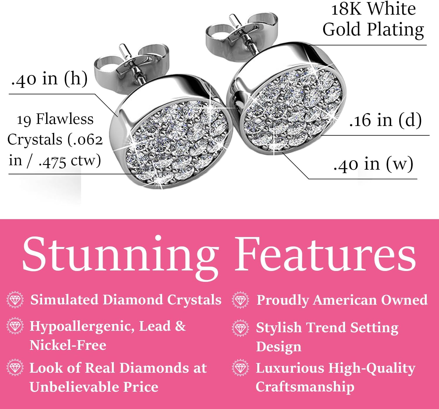 Cate & Chloe Nelly 18K White Gold-Plated Stud Earrings | Elegant Jewelry for Women with Round Cut Cubic Zirconia Crystals | Hypoallergenic Silver Studs Gift for Her on Christmas, Birthday, Anniversary